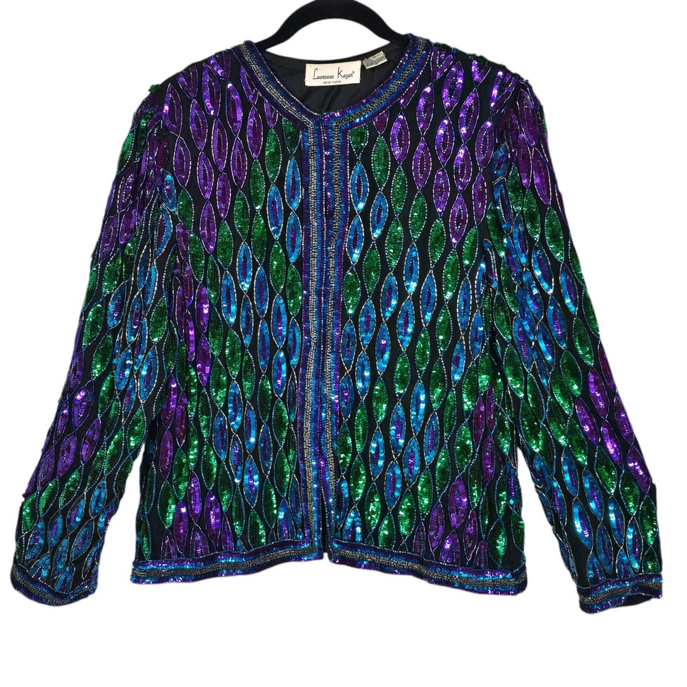 Laurence Kazar Vintage Beaded Sequin Silk Jacket XL Green Blue Purple Evening - Picture 3 of 11